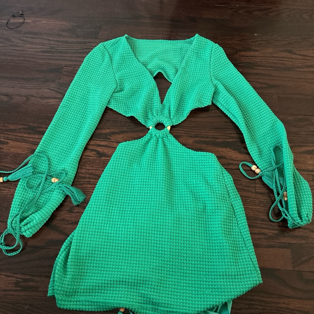 Green Textured Dress with Cut-Out Detail